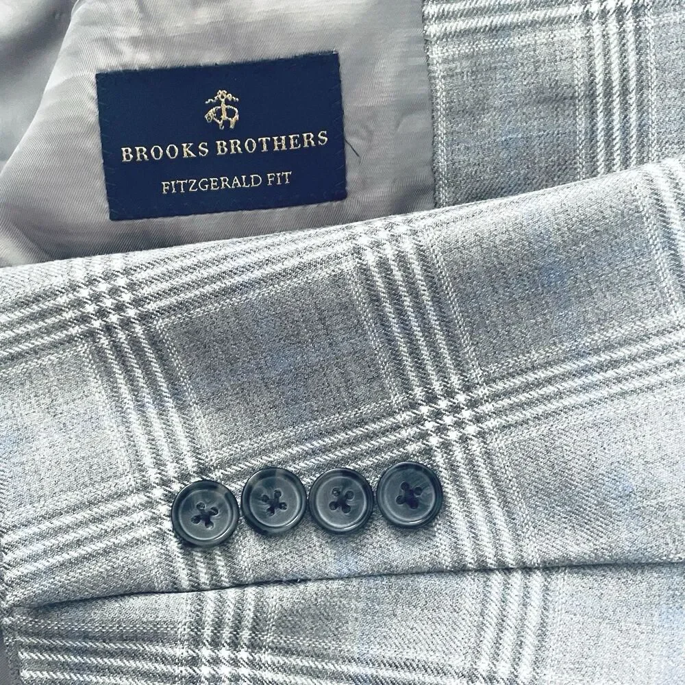 Brooks Brothers Wool Blazer Mens 48R Gray Blue Plaid Fitzgerald Fit Suit Jacket